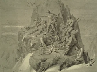 Repos sur une corniche, de Dix scènes de la dernière ascension du Mont Blanc, y compris cinq vues du sommet, par J.D.H. Browne, publié en 1853
